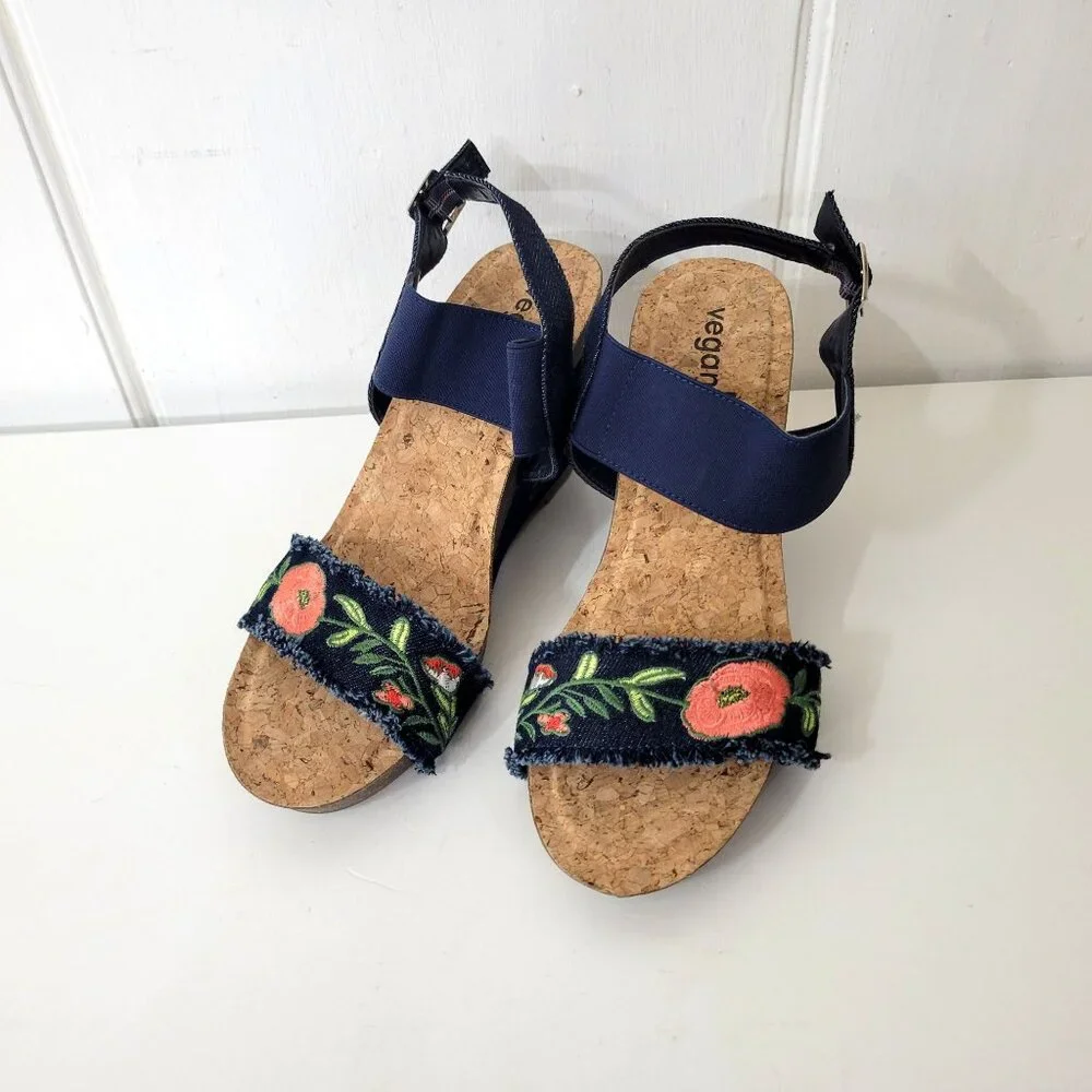 VeganBio Embroidered Cork Wedge Sandals - Picture 4 of 9